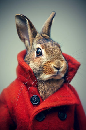 Cute rabbit in red coat. Easter bunny. Studio shot.の素材