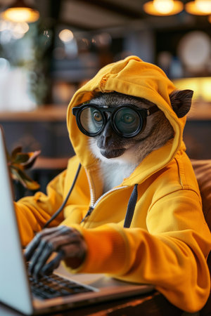 The cat in a yellow hoodie and glasses works on a laptop.の素材
