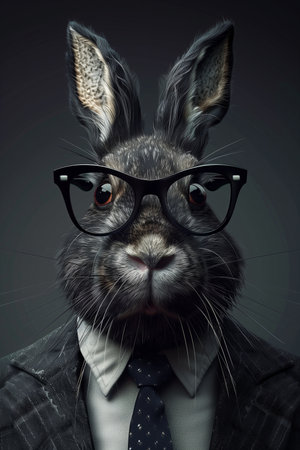 Funny rabbit with glasses and bow tie on a dark background.の素材