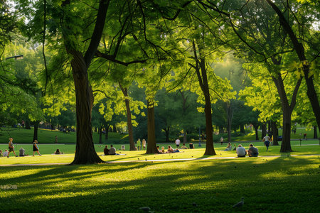 People relaxing in the park in the morning. The sun shines through the trees.の素材