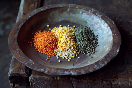 Different types of lentils in a clay bowl on a wooden tableの素材