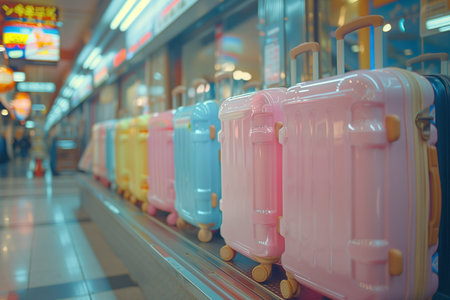Pink and blue travel suitcases on the platform of the airport.の素材