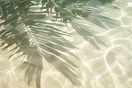 Palm leaf on water surface with sunlight reflection. Summer background.の素材