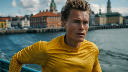 Portrait of a handsome young man in a yellow sportswear.の素材