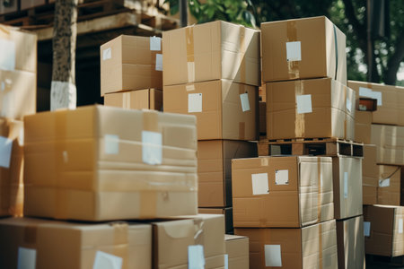 Cardboard boxes stacked in warehouse. Selective focus. Shallow depth of fieldの素材