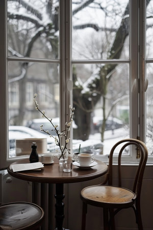 Coffee shop in winter, Paris, France, Europe.の素材