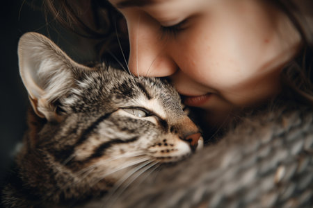 Cute little girl hugging a cat on a dark background. Close-up.の素材