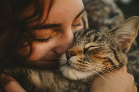 Beautiful young woman with a cat in her arms. Close-up.の素材