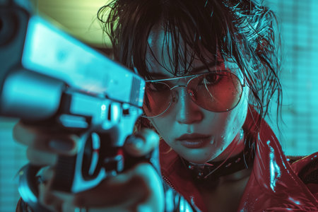 Shot of a futuristic woman holding a gun. Futuristic style.の素材