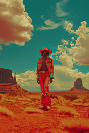 Mexican woman in red sombrero and hat in Monument Valleyの素材
