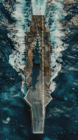 Aerial view of a warship in the middle of the ocean.の素材