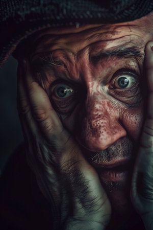 Portrait of an old man in a hat. Horror theme.の素材