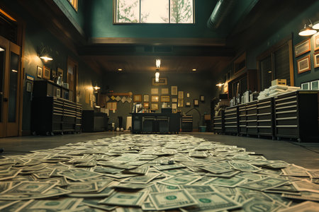 Interior of a shop with lots of cash on the floor.の素材