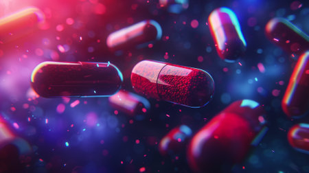 3d render of red and blue pills on black background. Medicine conceptの素材