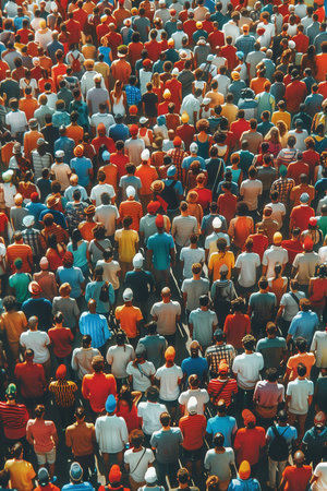Aerial view of crowd of people attending a religious event in Indiaの素材