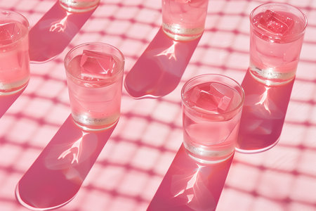 Tequila shots with ice on a pink checkered backgroundの素材