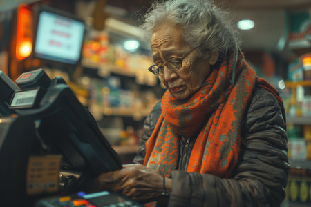 Old woman using a credit card machine in a drugstore, vintage color toneの素材