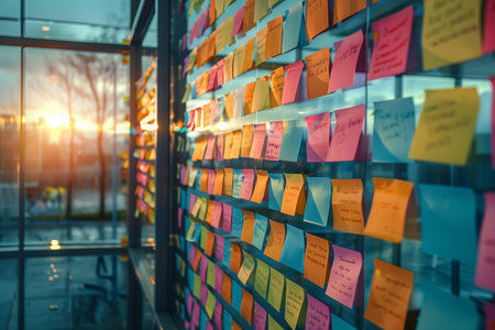 Post-it notes on the wall of an office building at sunsetの素材