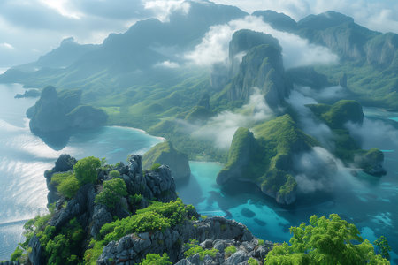 Beautiful seascape with mountains and sea in the morning.の素材