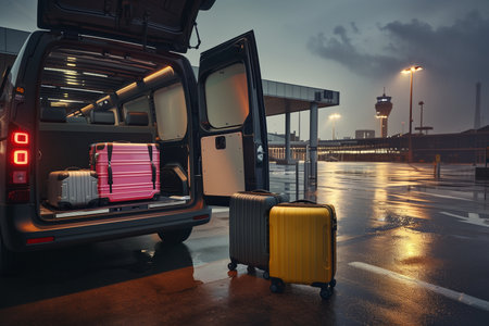 Car with luggage at the airport. Travel concept. 3d renderingの素材