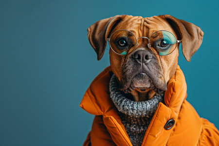 Portrait of a dog wearing warm clothes and glasses on a blue backgroundの素材