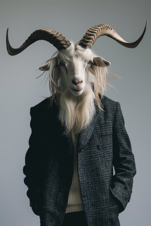 Portrait of a goat with horns in a jacket on a gray backgroundの素材