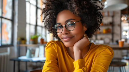 Portrait of young african american woman in eyeglasses sitting in cafeの素材