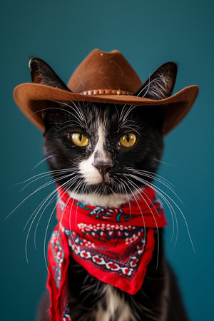 Portrait of a black and white cat wearing a cowboy hat and a red bandanaの素材