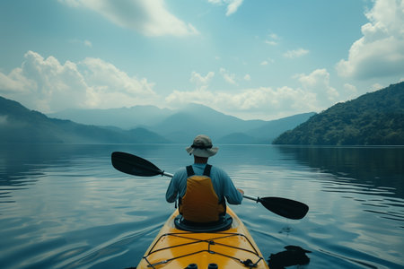 Man kayaking on a beautiful lake with mountains in the background.の素材