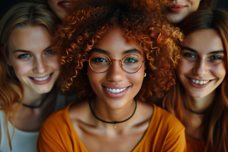 Portrait of smiling multiethnic women with glasses looking at cameraの素材