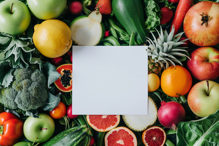 top view of fresh fruits and vegetables with blank paper card on tableの素材