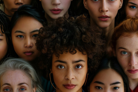 Group of multiethnic women with different hairstyles looking at cameraの素材