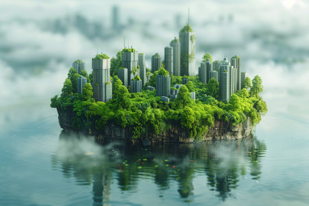 Miniature city with green trees on the island. 3d renderingの素材
