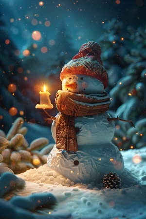 Snowman with candle in winter forest. Christmas and New Year concept.の素材