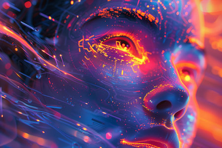 3d illustration of a female robot with neon lights on her faceの素材