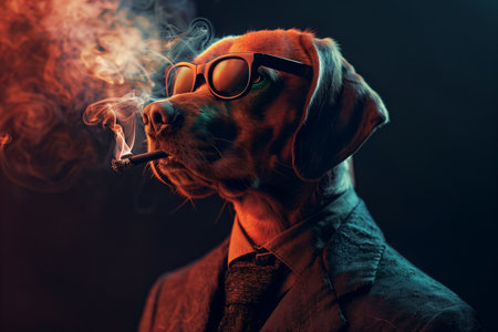 Portrait of a funny dog wearing glasses and smoking a cigar.の素材