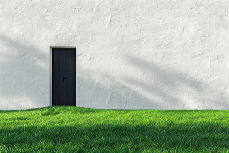 White wall and door with green grass. 3D Rendering.の素材