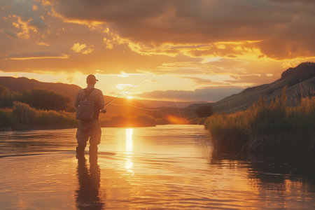 Fisherman casting a fly fishing line in a river at sunsetの素材