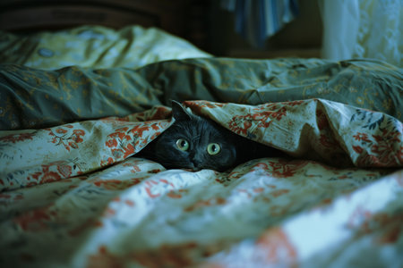 Cute black cat hiding in the bed at home. Selective focus.の素材