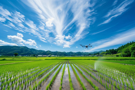 Drone flying over the paddy field with blue sky background.の素材