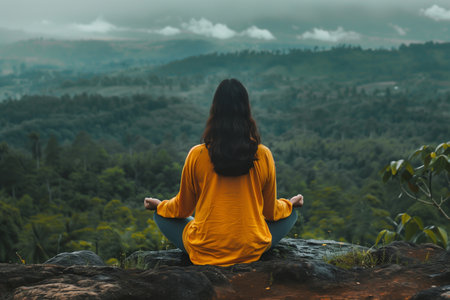 Young woman meditating in lotus position on the top of mountainの素材