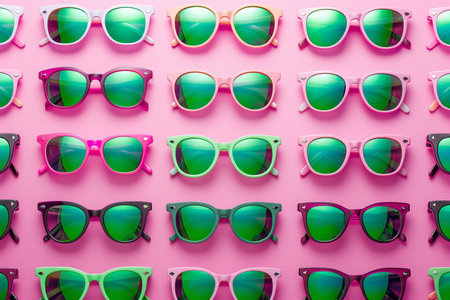 Sunglasses pattern on pink background. Flat lay, top view.の素材