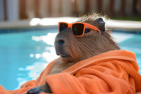 Cute little baby capybara wearing orange sunglasses in swimming poolの素材