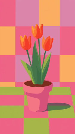 Tulips in a pot on a colorful background. Vector illustrationの素材