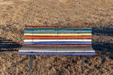 vintage multicolored wooden bench in park