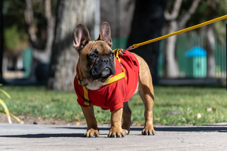 French bulldog puppy on a walk.の写真素材