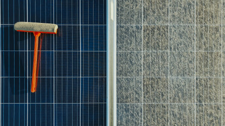 Cleaning dirty solar panels. Clean panel vs. dirty panel.の写真素材