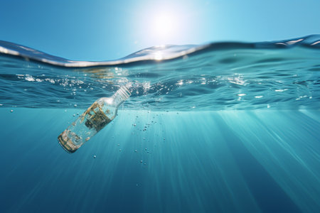 Old plastic bottle floating in the sea, environmental pollution theme. Generation with AI.の素材