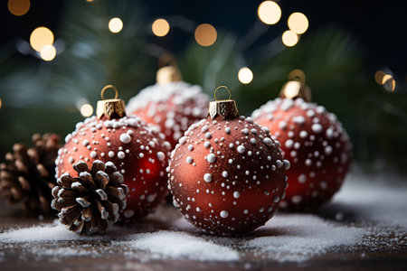 Christmas balls on the snow, surrounded by pine branches. Christmas theme. Generative AI.の素材