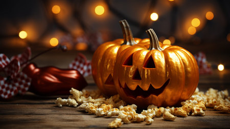 Golden pumpkins near candles. Generated with AI.の素材